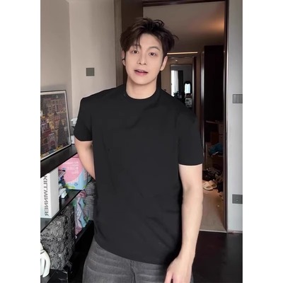 美式正肩黑色t恤男夏季新款小领口痞帅运动修身短袖重磅纯棉半袖