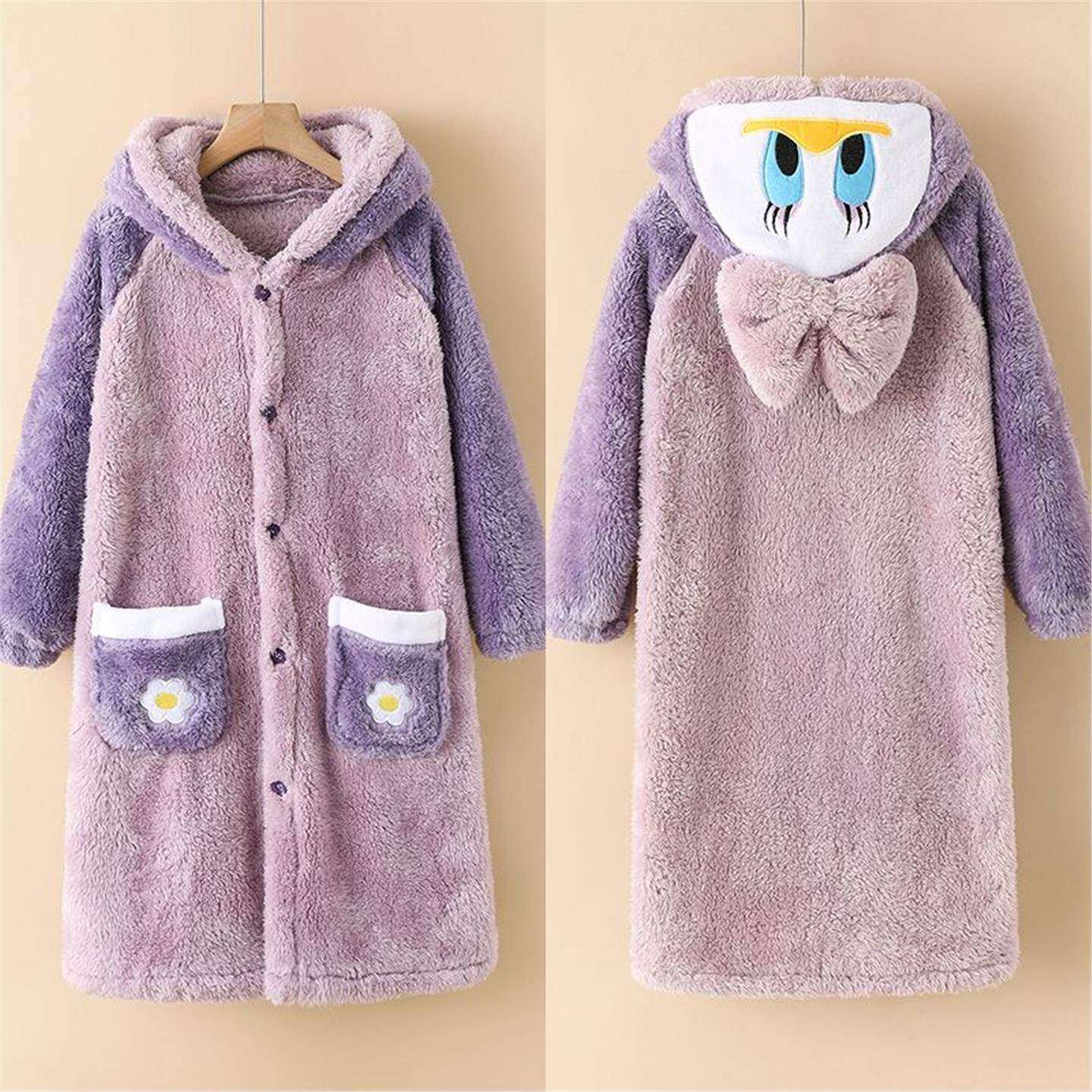 儿童睡袍秋冬季宝宝中长款紫鸭睡衣法兰绒珊瑚绒睡裙女孩加绒浴袍