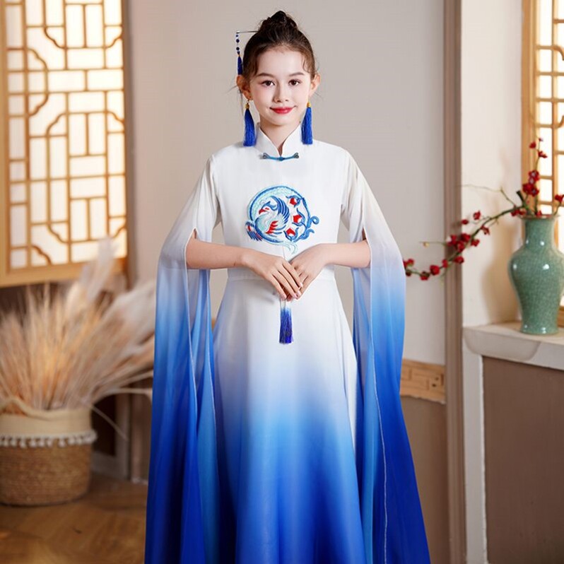 新款古筝表演服装女童汉服儿童古筝比赛演出礼服女大童长款表演服