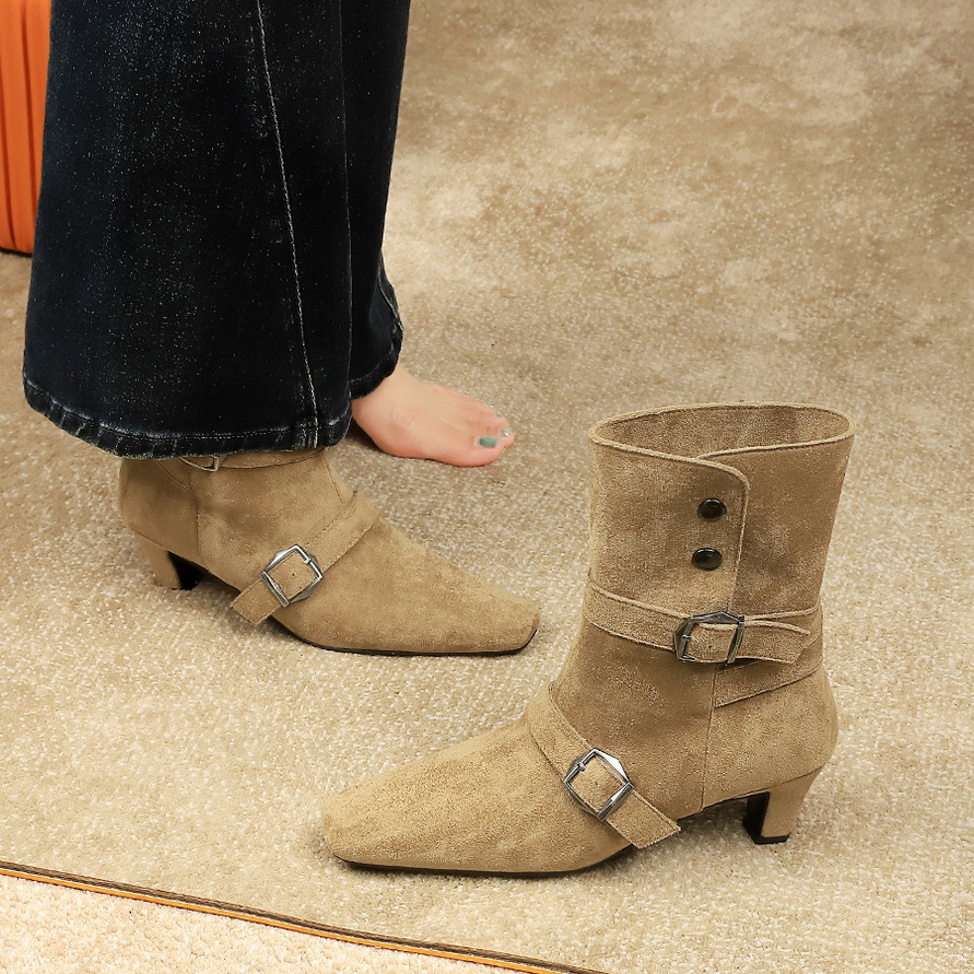 813-1欧美风复古设计感时装靴女小方头皮带扣小众时尚中筒靴女靴