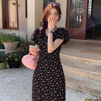 法式桔梗碎花连衣裙2026夏季新款蝴蝶结收腰显瘦a字长裙子D5375