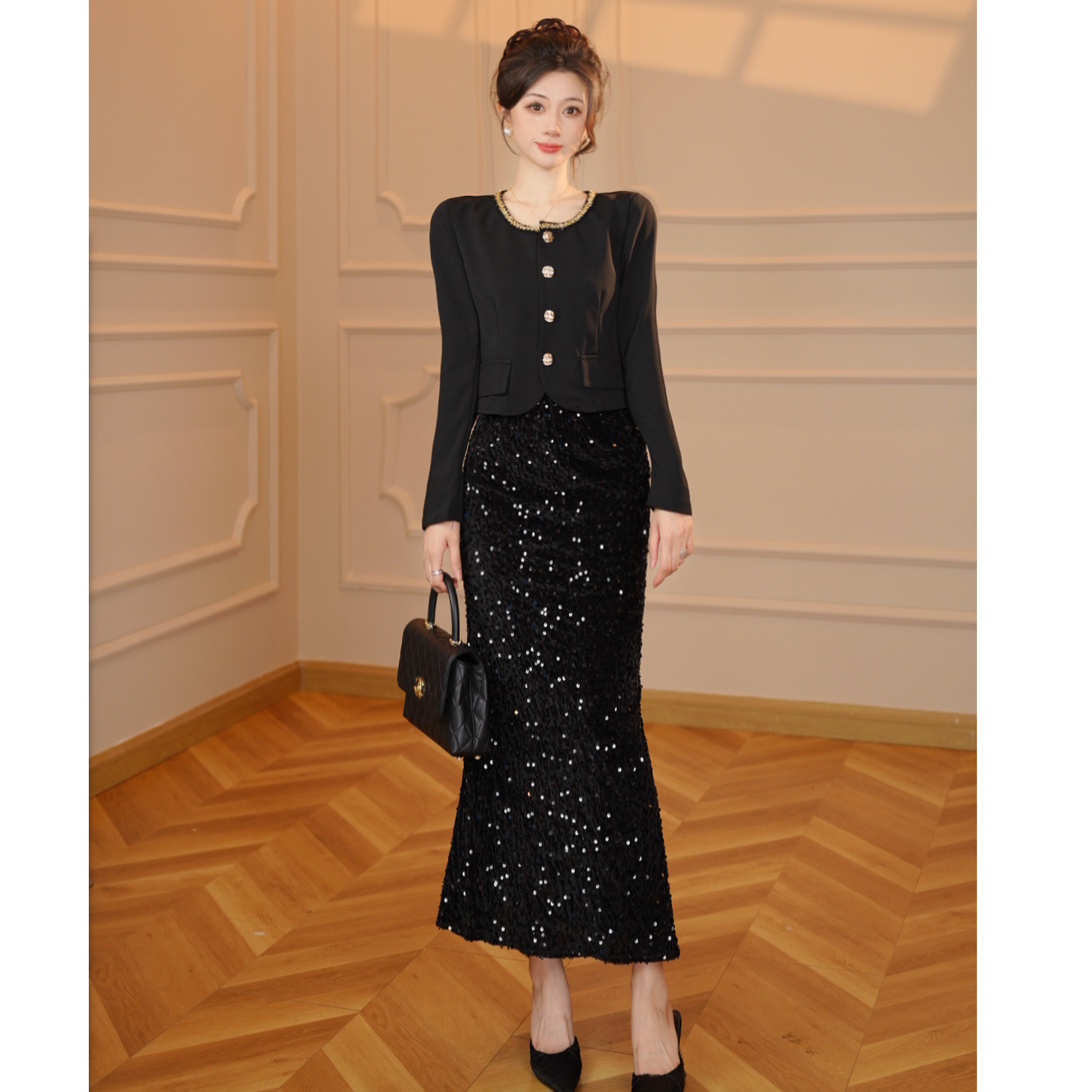 法式长袖连衣裙套装TX0160