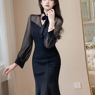 宴会礼服长款 法式 鱼尾裙1921 新款 高级感黑色气质连衣裙2024秋季