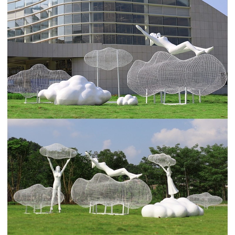 不锈钢镂空仿真云朵雕塑户外景区售楼部小区抽象人物落地美陈摆件