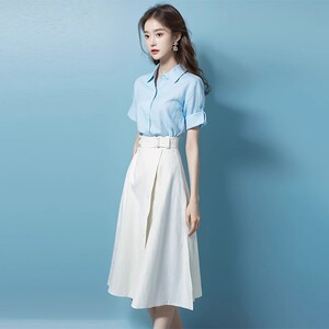 时尚百搭套装女2024新款爆款夏白色棉麻衬衫套装裙洋气减龄两件套