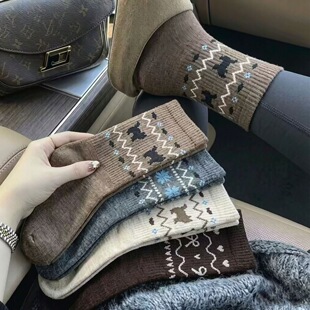 秋冬保暖加厚民族风费尔岛袜子女新款堆堆袜中筒袜ins风百搭袜