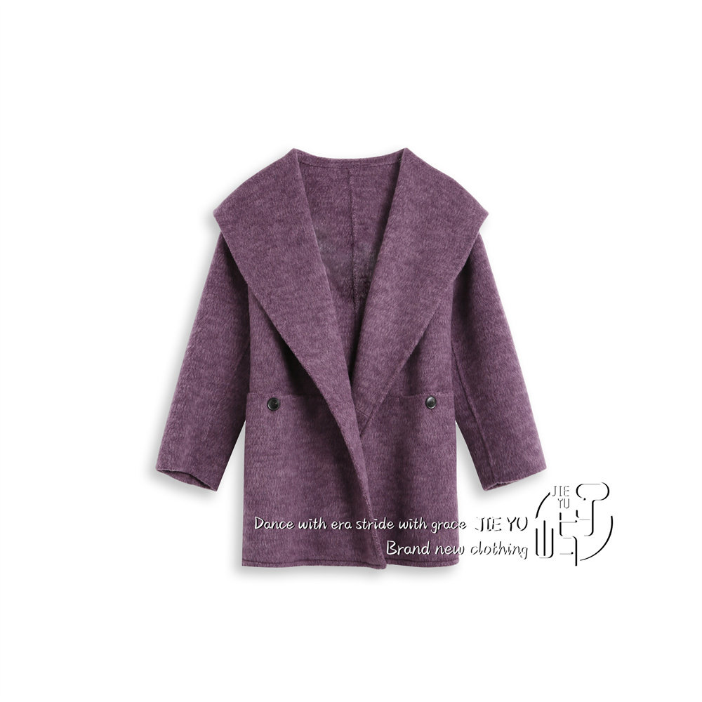 孑屿JIEYU 高级设计感大翻领系带双面呢大衣毛呢外套