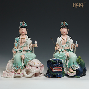 锵锵陶瓷12至16寸文殊普贤菩萨佛像摆件华严三圣居家佛堂供奉神像