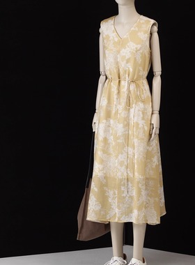 欧柏琳自制 鹅黄色苎麻印花极简设计法式简约小A摆V领无袖连衣裙