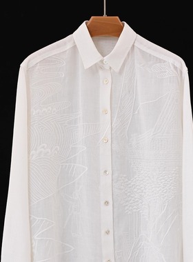欧柏琳自制 白色简约天丝苎麻艺术重工刺绣图案长袖衬衫女新款