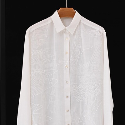 白色简约天丝苎麻刺绣衬衫
