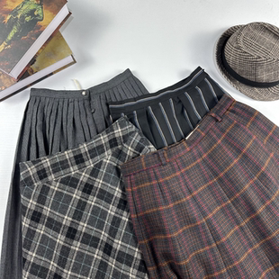 vintage古着日制秋冬毛半裙港风复古文艺百搭百褶半身裙 292