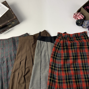 vintage古着日制秋冬毛半裙港风复古文艺格子印花潮流大百褶裙316