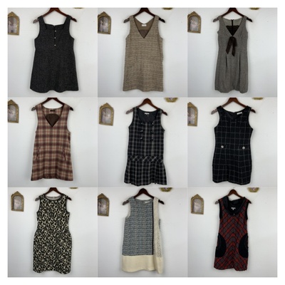 vintage古着日制羊毛背心背带连衣裙女士小香中长款秋冬长裙-465