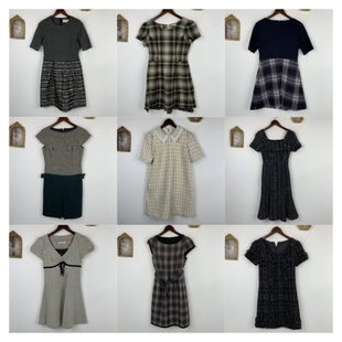 vintage古着日制羊毛连衣裙女士短袖古早味小香风秋冬中长裙-475