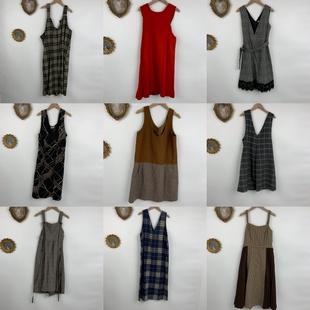 vintage古着日制羊毛连衣裙女士背心款法式优雅格纹秋冬中长裙520