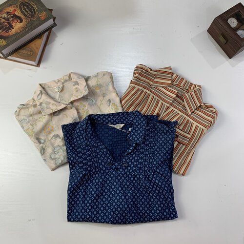 vintage日制古着复古港风文艺花卉撞色小清新舒适百搭衬衣-946