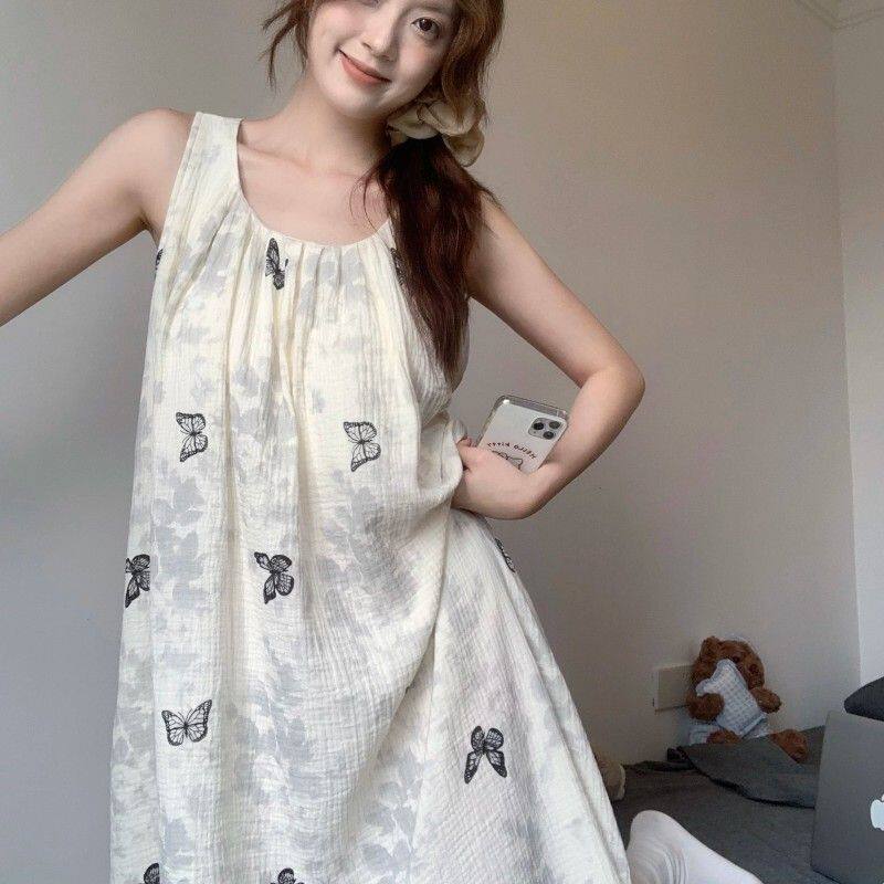 大码甜美蝴蝶结印花纯棉纱背心睡裙女夏季带胸垫可外穿睡衣居家裙
