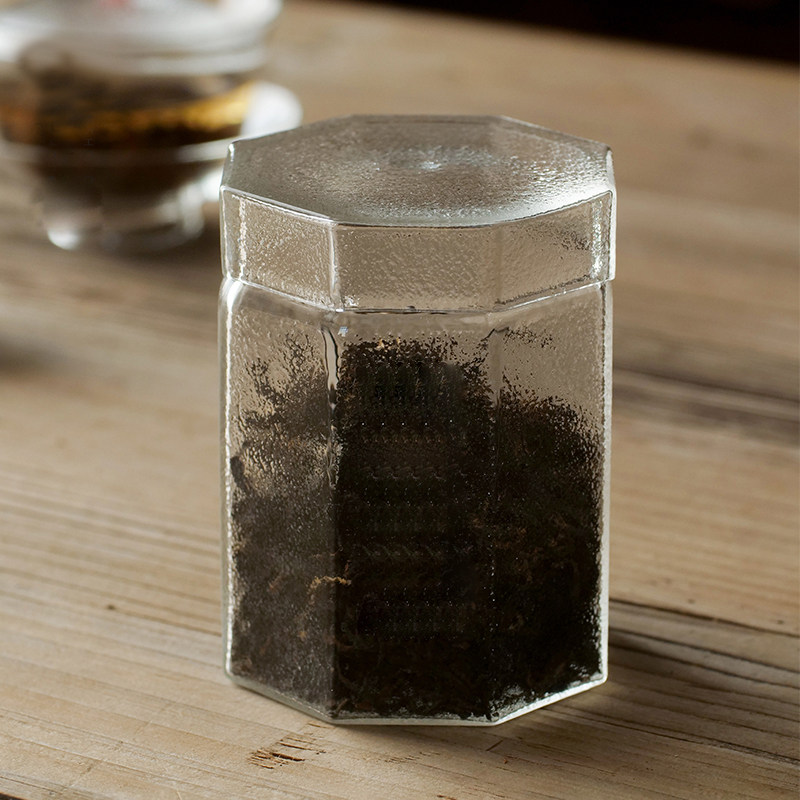 日式手工锤纹八棱茶叶罐透明玻璃便携式茶罐子储物罐小号