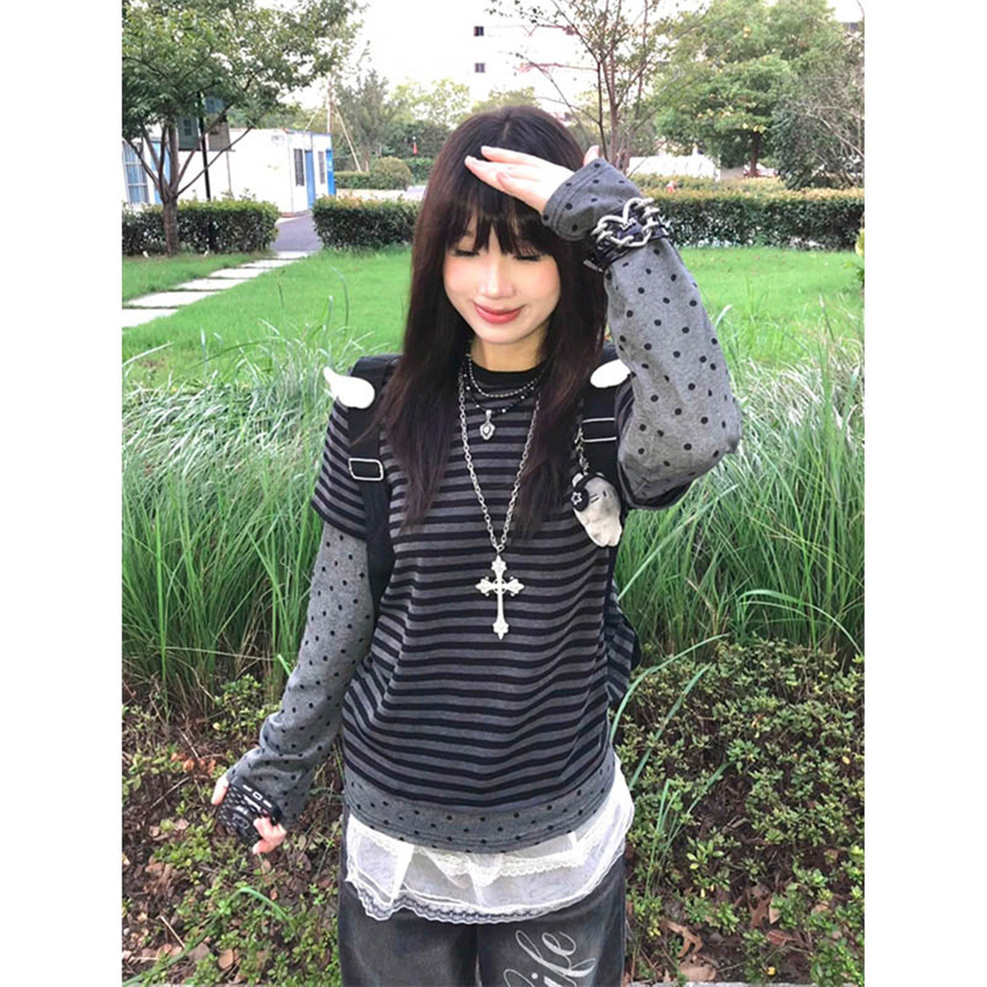 设计感条纹拼接波点假两件上衣女y2k轻亚风古早感叠穿内搭长袖t恤