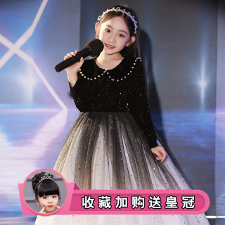 高端女童黑色生日晚礼服公主裙轻奢小众主持人钢琴走秀演出服秋冬