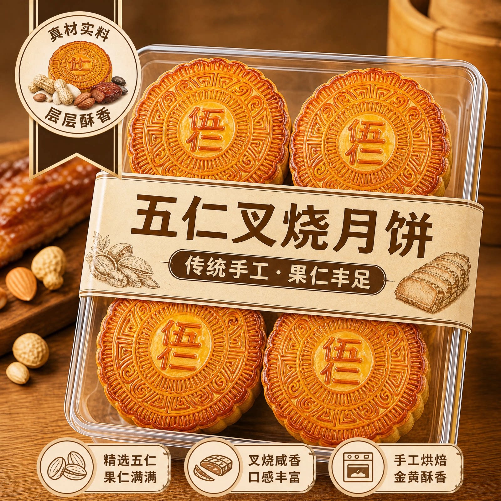 广西月饼五仁叉烧官方旗舰店独立包装广式中秋节糕点玉林特产送礼