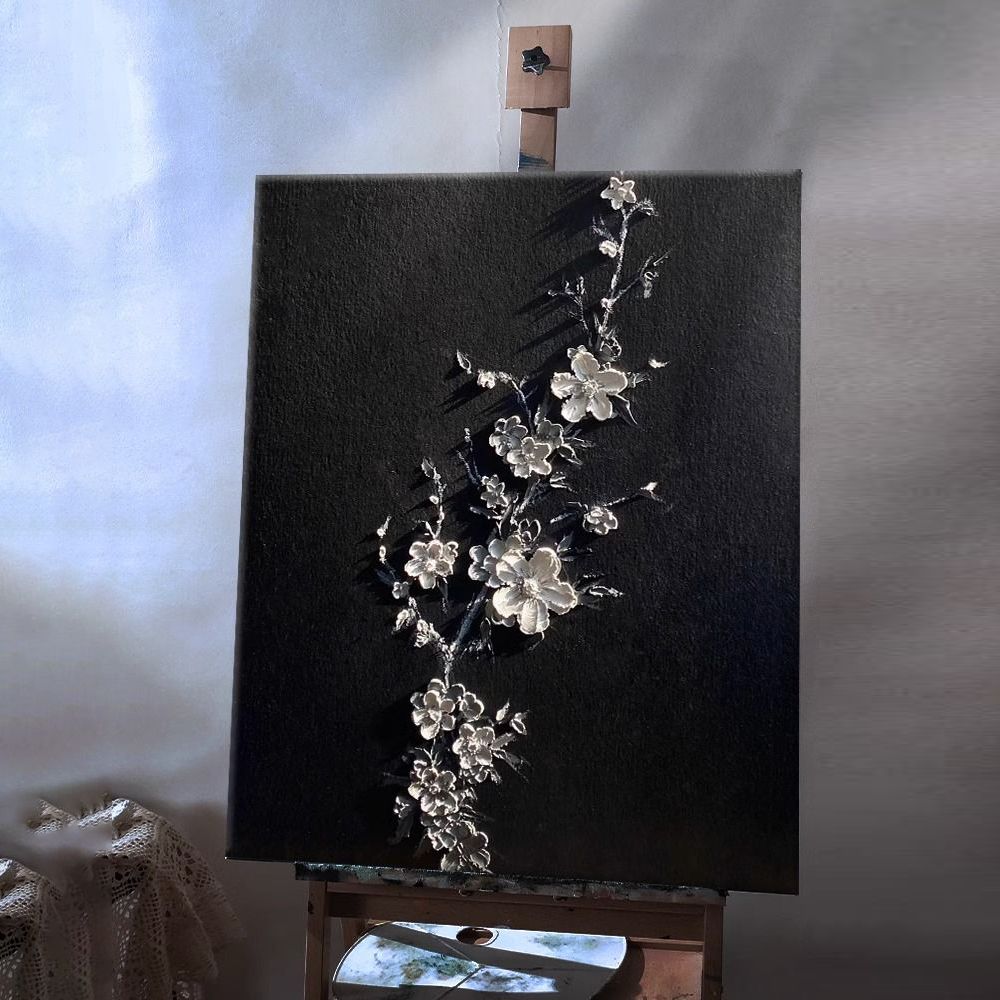 高级感梅花diy肌理画材料手工填充丙烯石英砂暗夜闻梅油彩装饰画图片