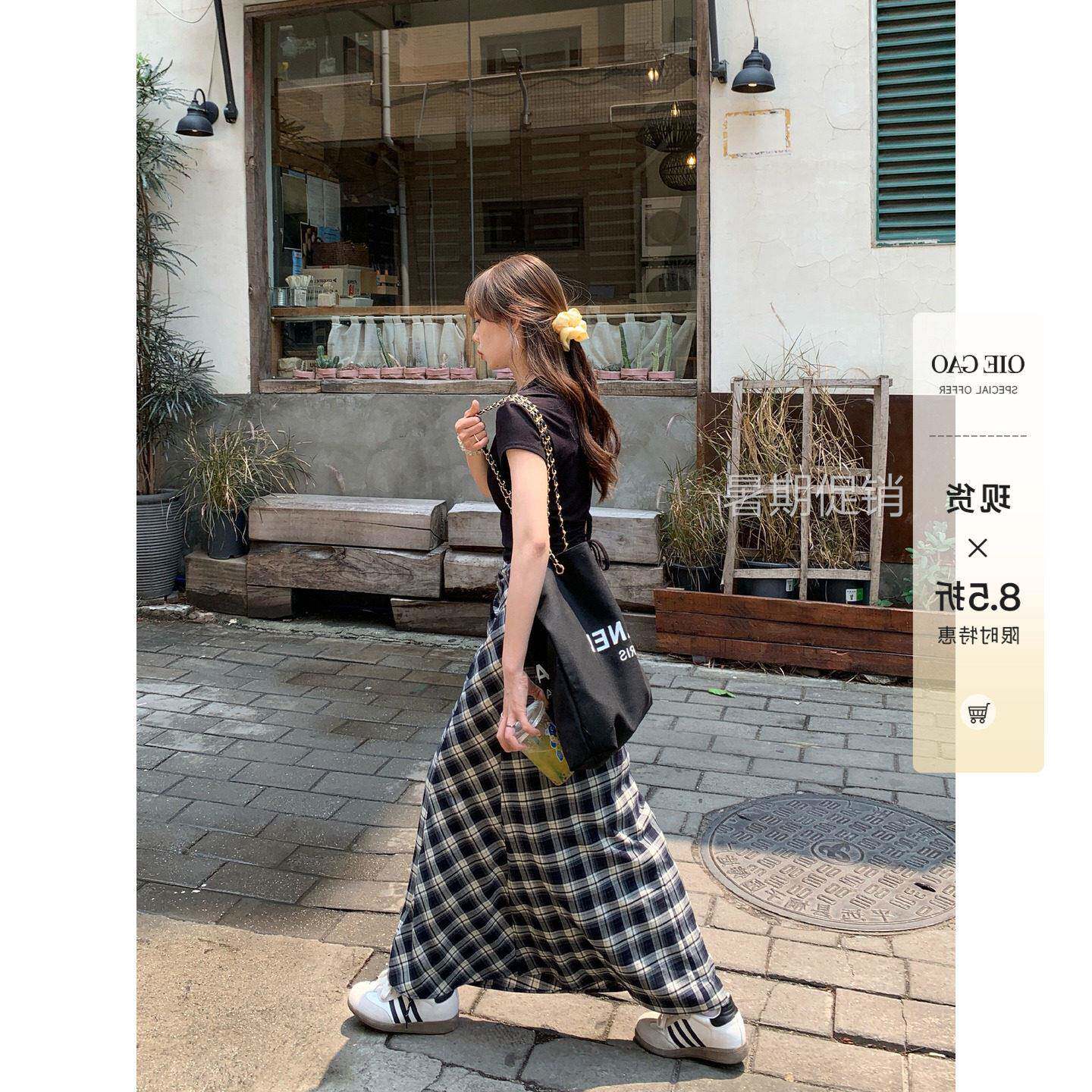 切糕自制小个子夏季a字长裙女巨好看黑白格子半身裙独特漂亮裙子