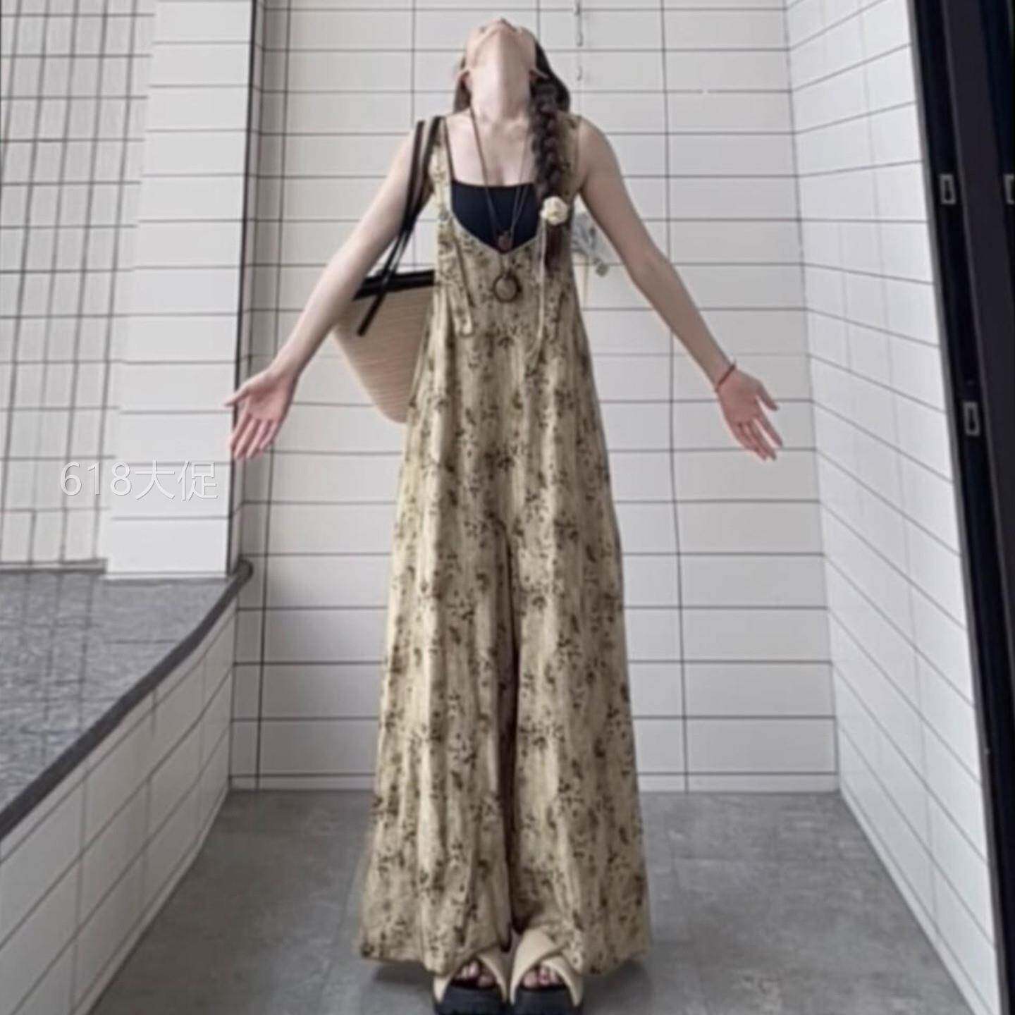 2026新款新中式复古印花抱婴袋洋装子女夏季慵懒风休闲吊带长裙裤