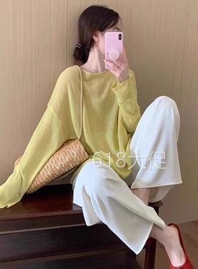 外搭黄色亚麻冰丝配吊带空调衫上衣女夏季薄款披肩罩衫防晒针织衫