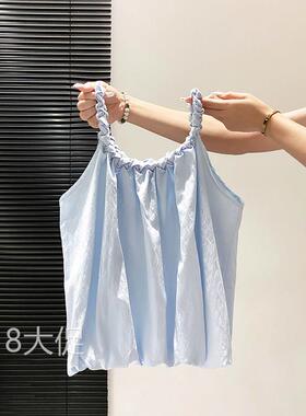 蓝色褶皱花苞吊带背心女夏季新款辣妹风宽松显瘦百搭外穿无袖上衣
