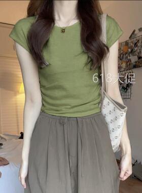 韩系牛油果绿色冰丝正肩短袖t恤女夏季修身辣妹针织短款T恤上衣