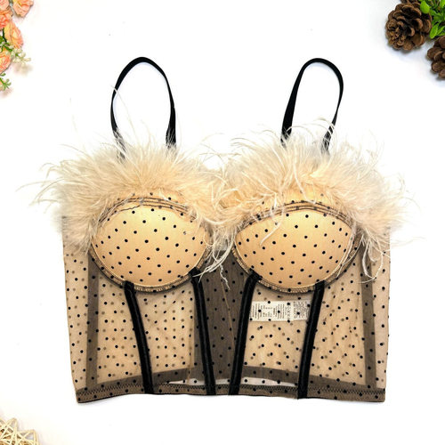 黑色蕾丝性感内衣羽毛款欧美蹦迪内搭感外穿鱼骨胸衣