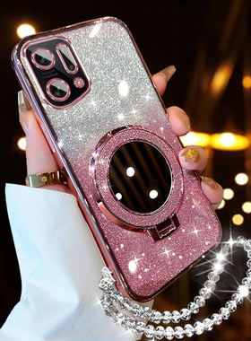 OPPOFindX5手机壳网红创意女款保护套findx5Pro曲面屏超薄防摔PFFM10磁吸镜子支架软壳PFEM10闪粉透明POOP链