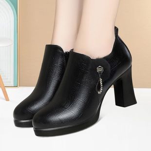 气质拉链女鞋 中年工作鞋 耐磨圆头高跟鞋 软皮深口单鞋 粗跟皮鞋 新款