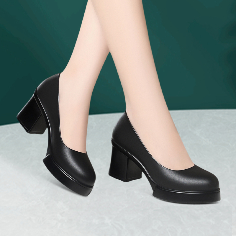 纯色百搭舒适浅口单鞋防滑耐磨不累脚旗袍走秀鞋粗跟圆头女士皮鞋