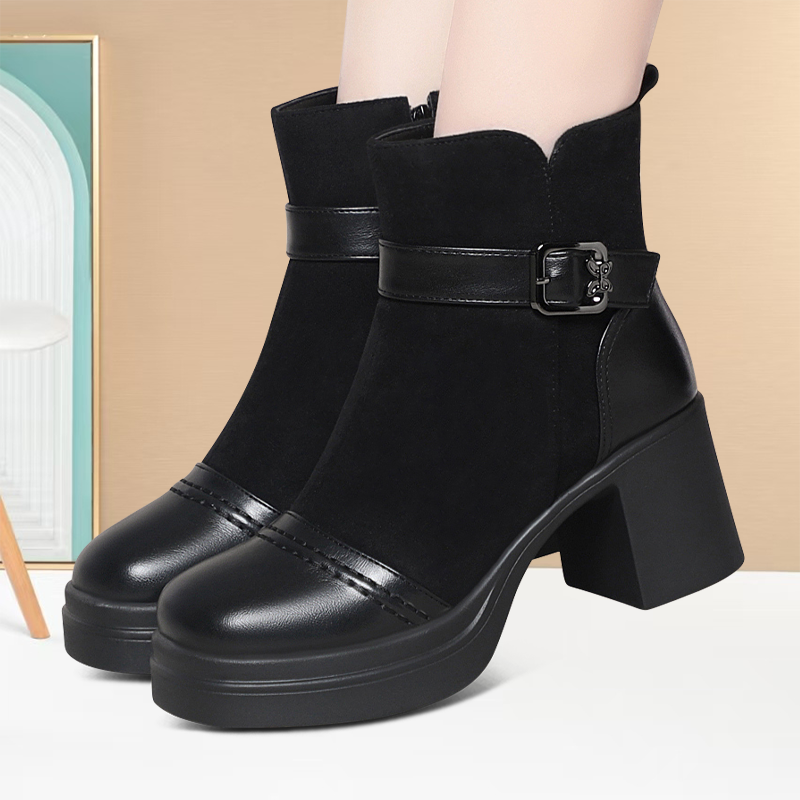 圆头舒适通勤厚底女鞋气质不累脚保暖皮靴增高绒面百搭久站短筒靴