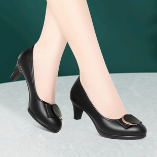 厚底软皮精致高跟鞋秀气浅口通勤圆头女鞋气质防水台春季新款鞋子