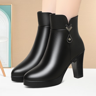 高跟防水台保暖女棉靴模特专业职业通勤走秀鞋久站不累脚舒适皮靴