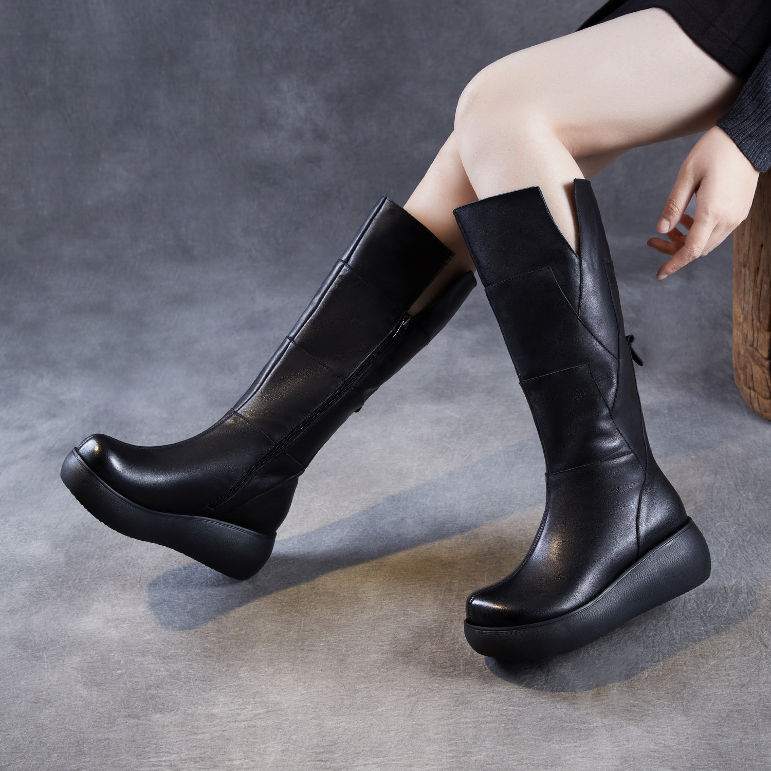 小个子坡跟厚底高筒骑士靴女2025新款冬季真皮松糕及膝加绒长筒靴