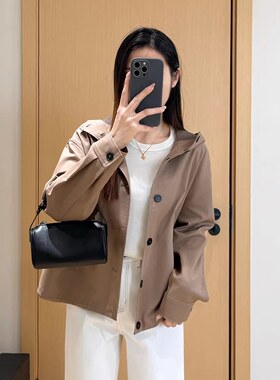 EGG SLY色织千鸟格内里100%棉撞色牛角扣连帽短风衣夹克外套女