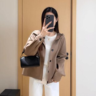 EGG SLY色织千鸟格内里100%棉撞色牛角扣连帽短风衣夹克外套女