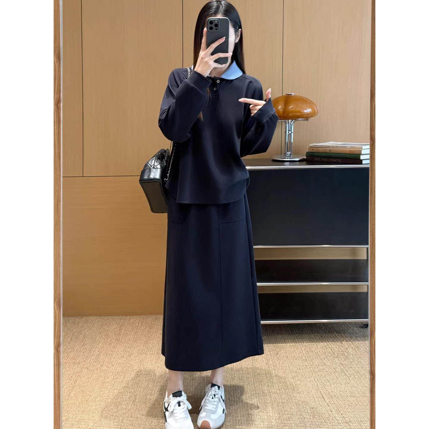 EGG SLY真丝棉撞色娃娃领假两件卫衣高腰直筒半身裙套装女春新款