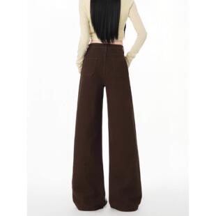 EGG 女春秋季 宽松直筒拖地裤 子潮 SLY美拉德咖色高腰阔腿牛仔裤