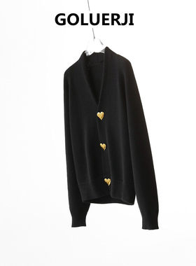 EGG SLY澳洲琎口100%羊毛V领金属爱心装饰扣底摆微收针织开衫女