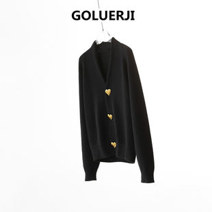 女 饰扣底摆微收针织开衫 EGG SLY澳洲琎口100%羊毛V领金属爱心装