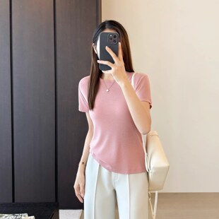 EGG SLY新澳100%美丽诺羊毛圆领纯色百搭针织衫正肩短袖T恤女秋