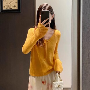 EGG 女 SLY温柔减龄天丝羊毛羊驼毛蝴蝶系带U领多巴胺针织衫