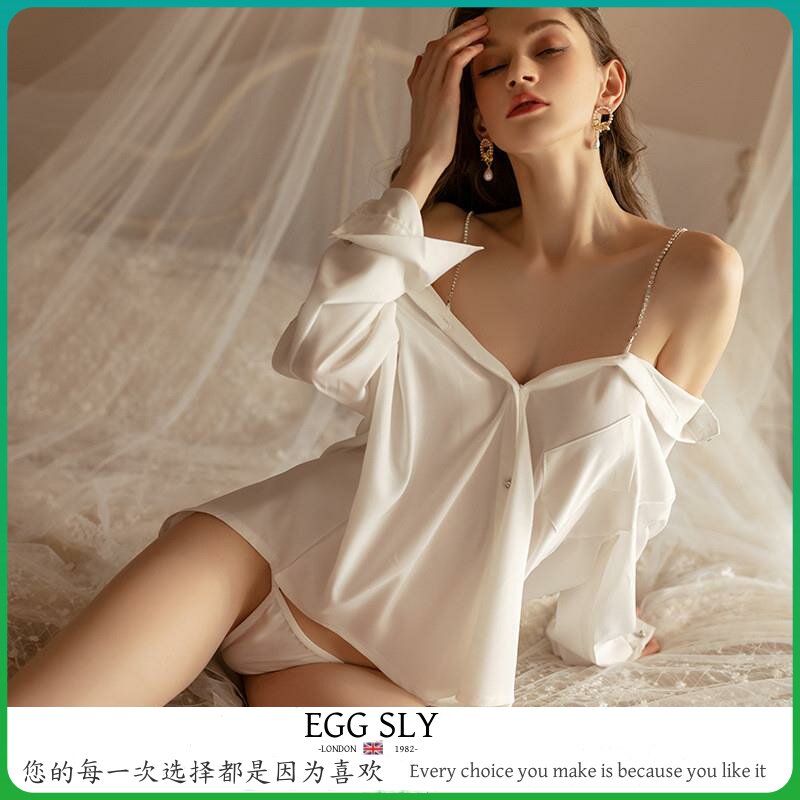 EGG SLY诱惑性感男友风衬衫透光高级感V领睡衣女钻链春秋家居服