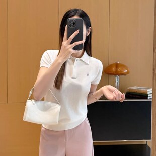 短袖 女春夏 SLY老钱风进口精纺100%棉POLO领小马刺绣针织衫 EGG